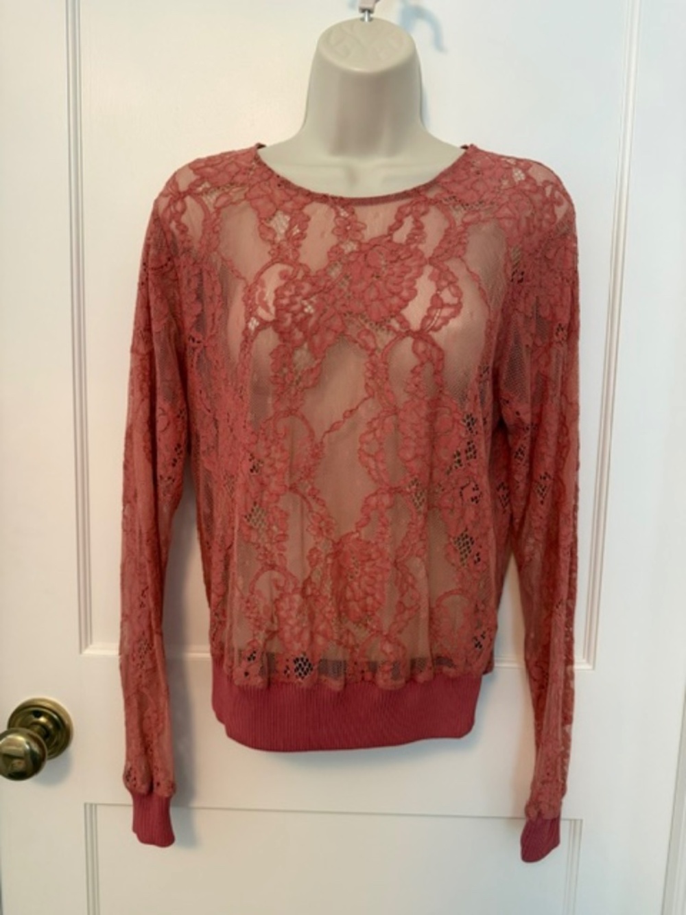 MARCIANO Rose Pink Sheer Floral Lace Long Sleeve Top Blouse